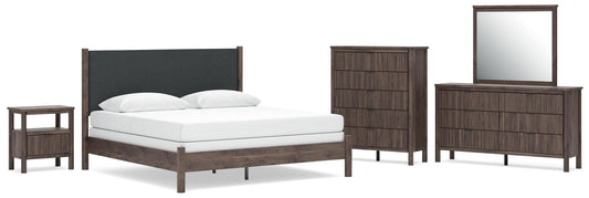 Pamytta King Upholstered Panel Bed, Dresser, Mirror, Chest and Nightstand