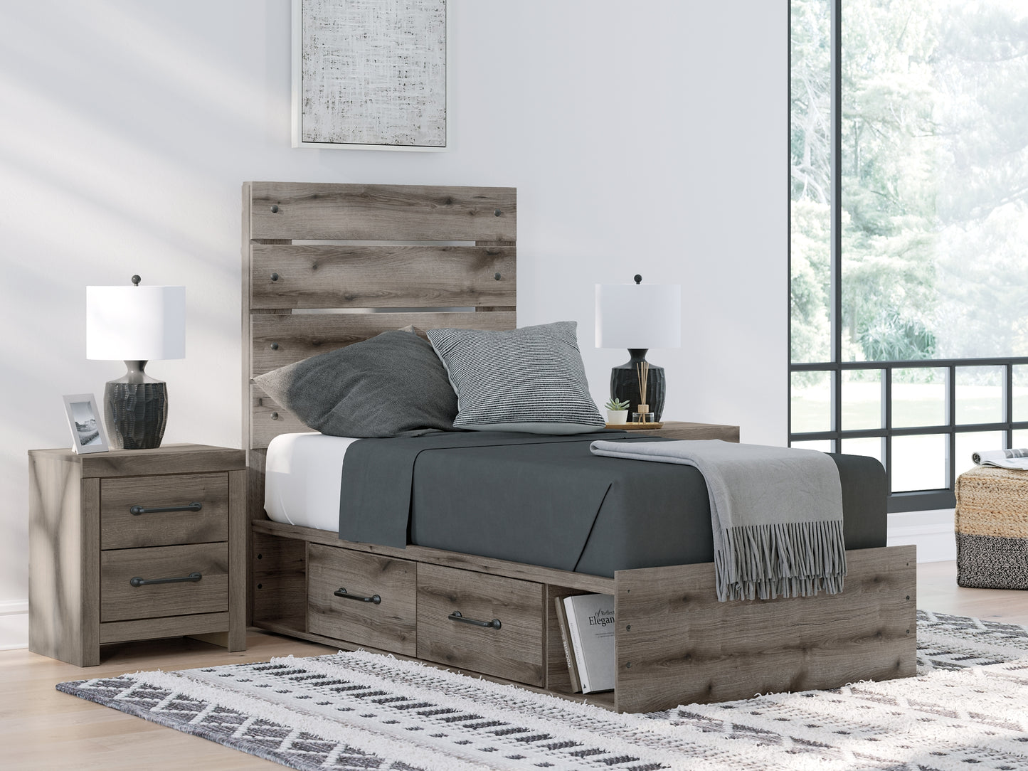 Graystorm Twin Panel Bed with Storage with Mirrored Dresser and Nightstand