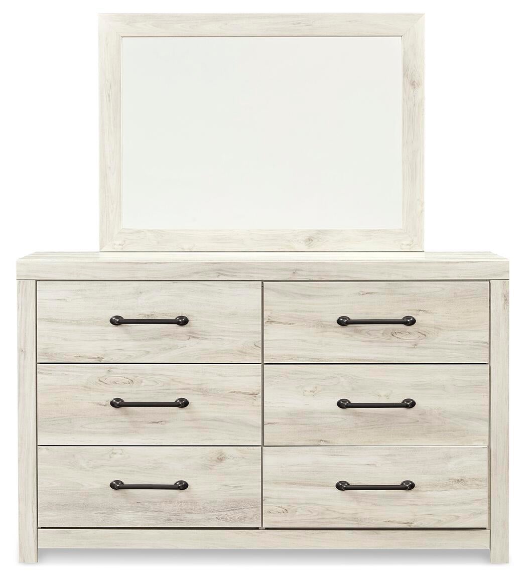 Cambeck King Panel Bed with 2 Storage Drawers with Mirrored Dresser